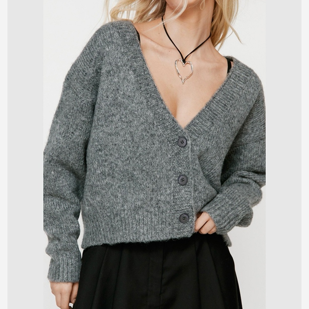 NWT Nasty Gal Brushed Knit Cardigan Sweater Grey Marl Button Down Relaxed Soft M